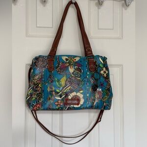 Sakroots Blue Shoulder Bag with Optional Satchel Strap Owl Details and Keychains